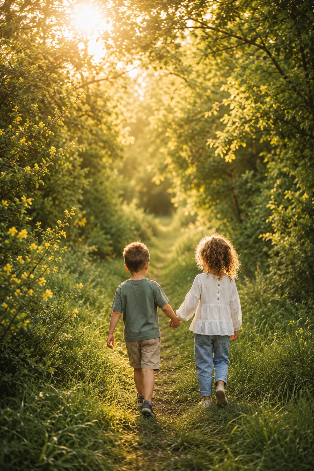 Two children walking hand in hand along a sunlit path